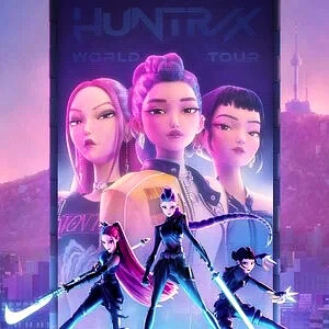 Kpop Demon Hunters poster featuring three K-pop idol demon hunters