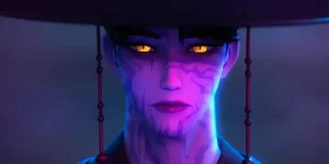 Kpop Demon Hunters character with glowing yellow eyes and a traditional hat, bathed in purple and blue light