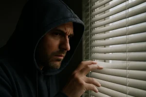 A man in a hoodie peers through window blinds, portraying a tense and secretive sleeper cell moment.