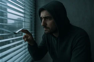 A man in a dark hoodie watches through blinds, scanning a cityscape with intense, focused eyes.