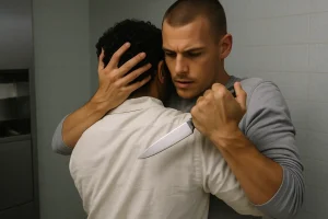 A sleeper cell agent hugs a man while secretly holding a knife, hiding deadly intent behind calm eyes.