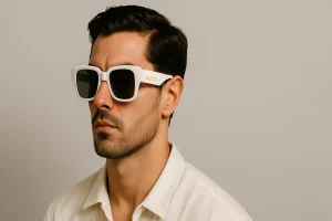 Stylish man wearing bold white gucci shades men’s collection with a confident modern look