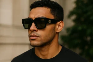 Gucci Shades Men wearing bold black square sunglasses with gold GG logo for a stylish urban look.