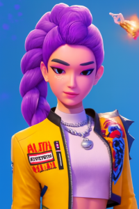 "Kpop Demon Hunter with purple braided hair, yellow jacket, and blue background