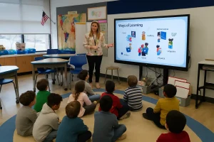 Teacher explains learning styles to students in a classroom supported by schools federal funding.